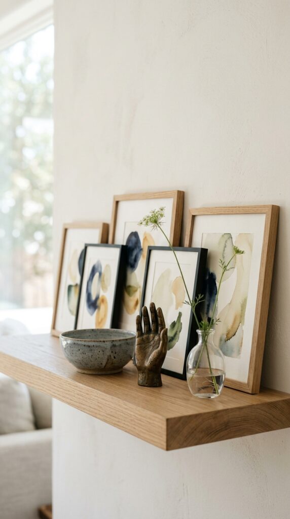 10 a close editorial shot of a floating shelf with ob