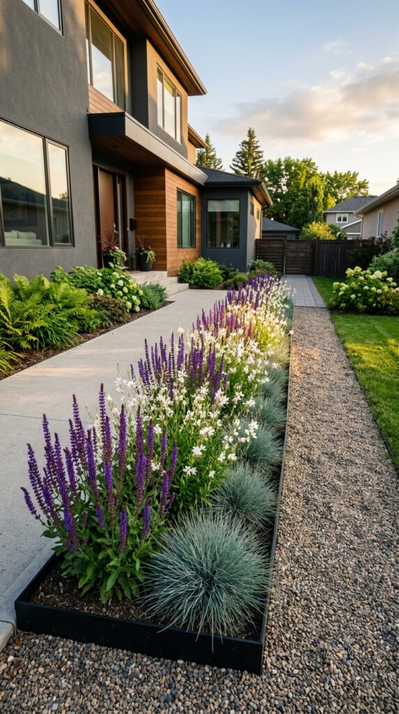 11 a long straight front flower bed running along a m