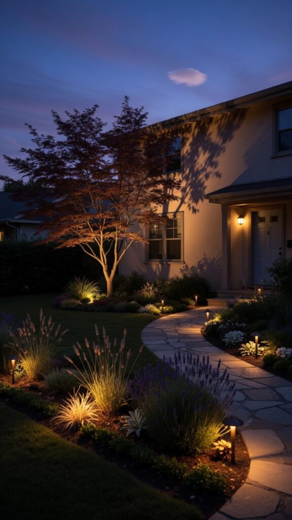 11 a twilight photograph of a small house front yard 