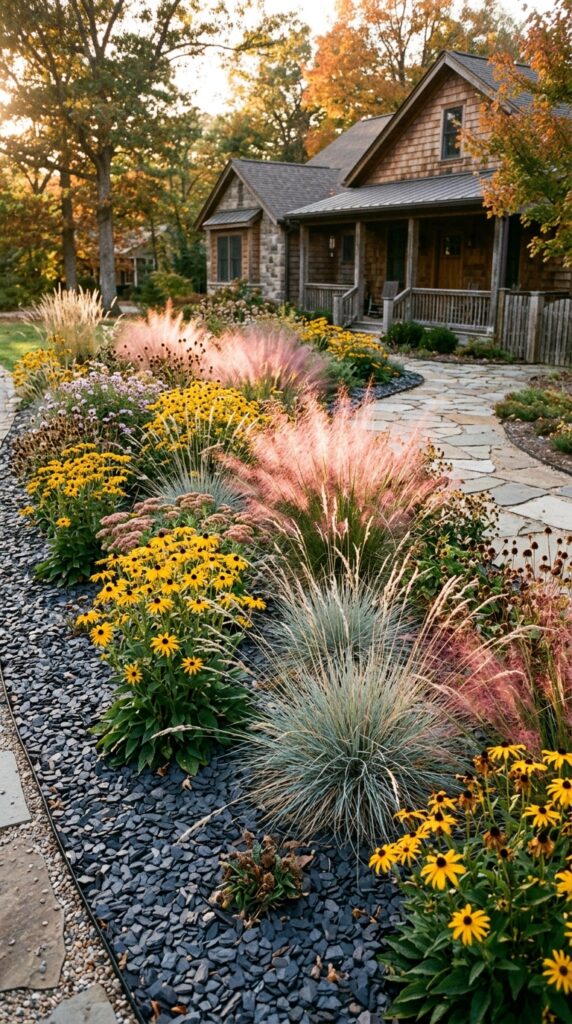 11 wide garden shot of a naturalistic front yard bed 