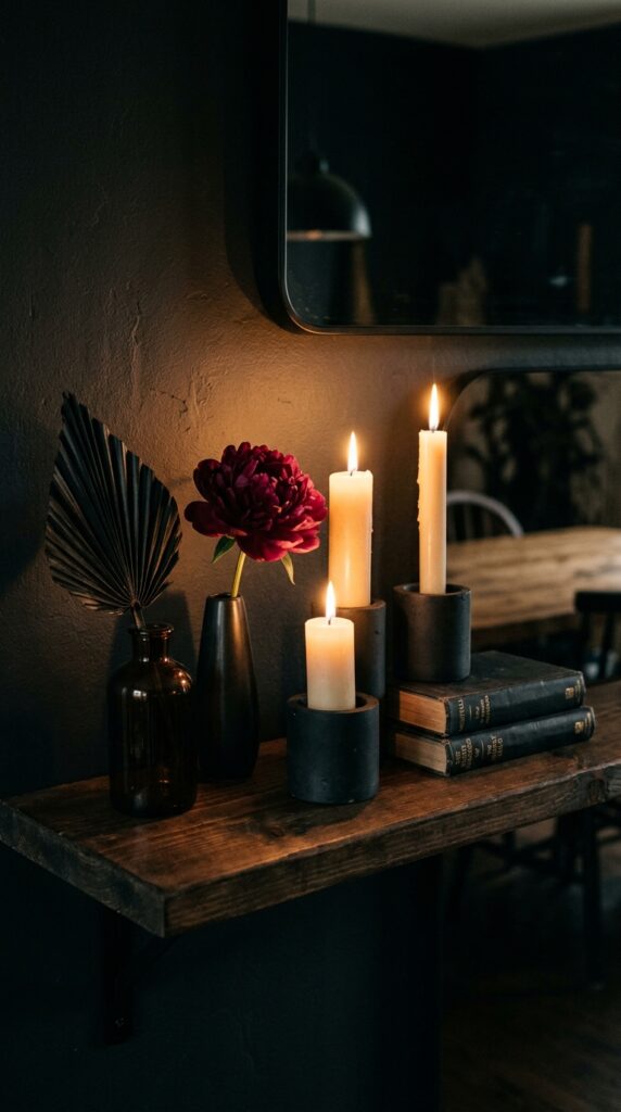 12 a cinematic close up of a dark dining room shelf s