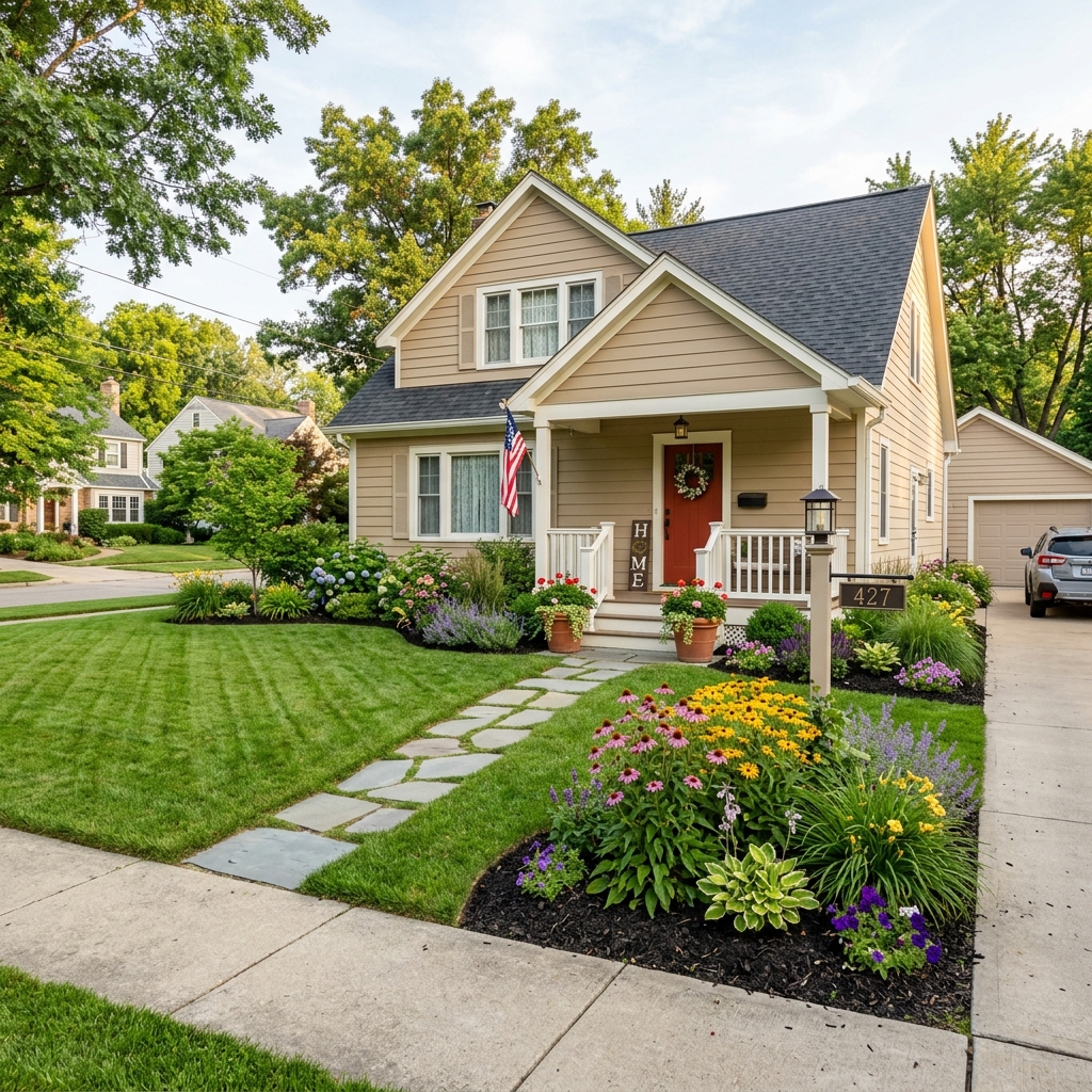 12 a close up lifestyle shot of a front porch step wi suburban front yard 202604241009
