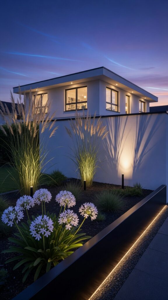 12 a modern front garden photographed at blue hour a 