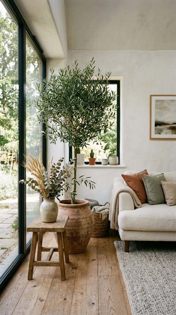 12 a wide shot of a rustic modern living room corner 