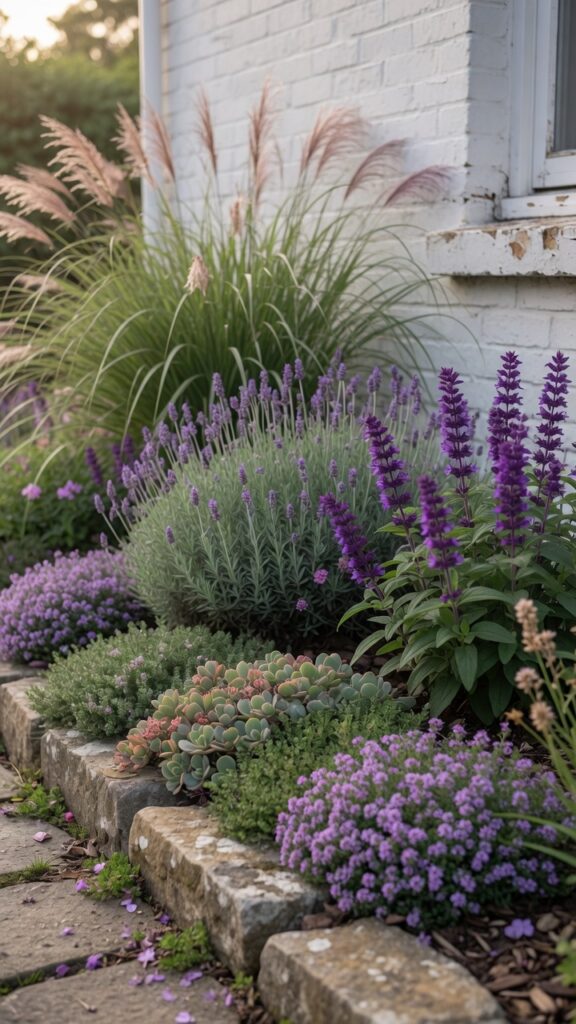 1 a close up wide shot of a layered front garden bed