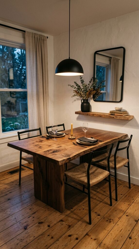 2 a wide shot of a rustic modern dining nook at dusk