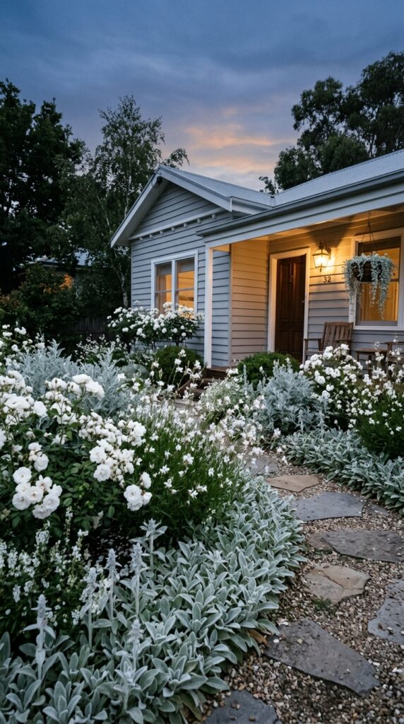 3 a front garden bed at dusk photographed with a sli
