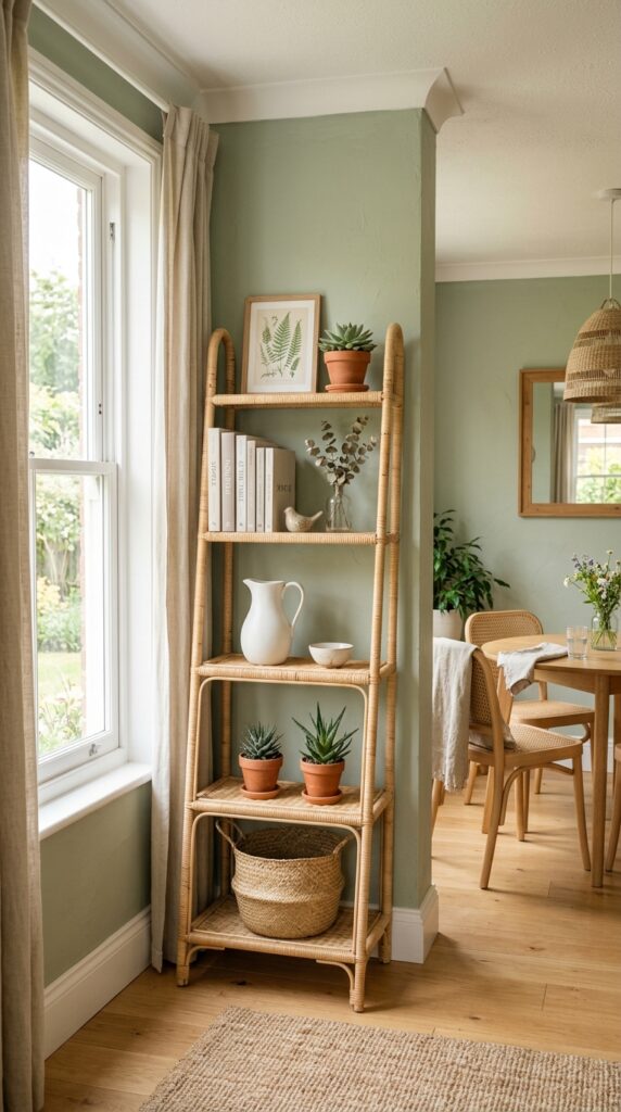 3 a tall slim natural rattan leaning shelf positione