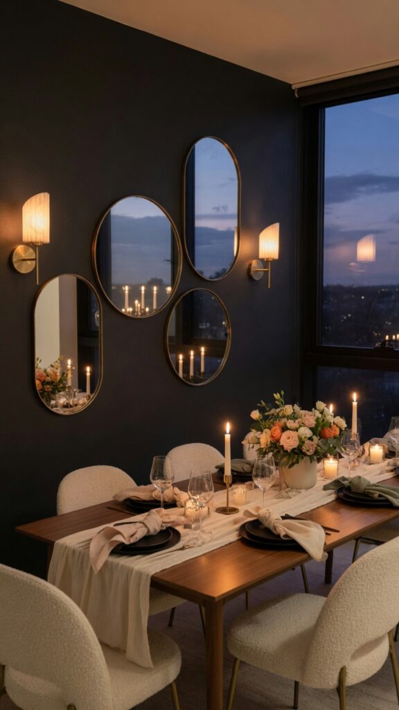 3 photorealistic evening shot of a modern dining roo