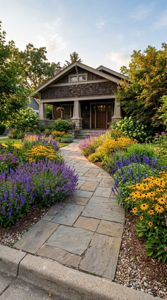 4 a curving flower bed lining a flagstone front walk