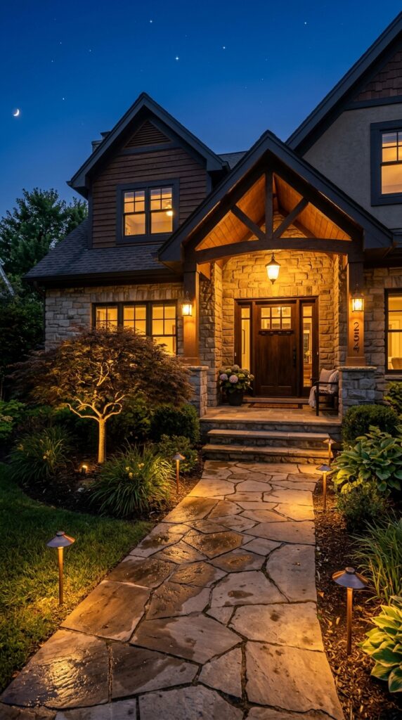 4 a dusk residential entrance shot with warm amber p