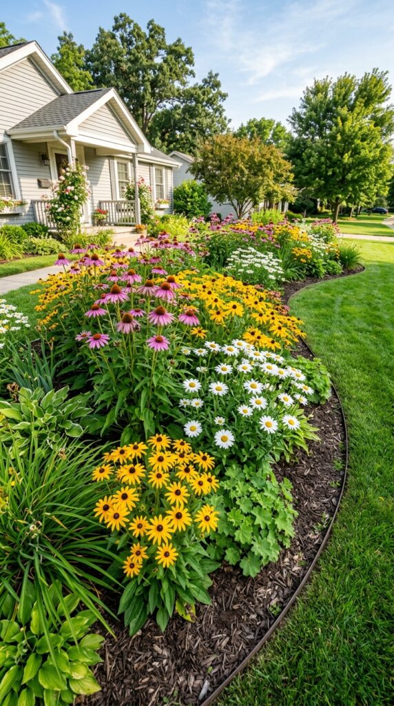 4 a sunny front yard garden bed filled with a natura