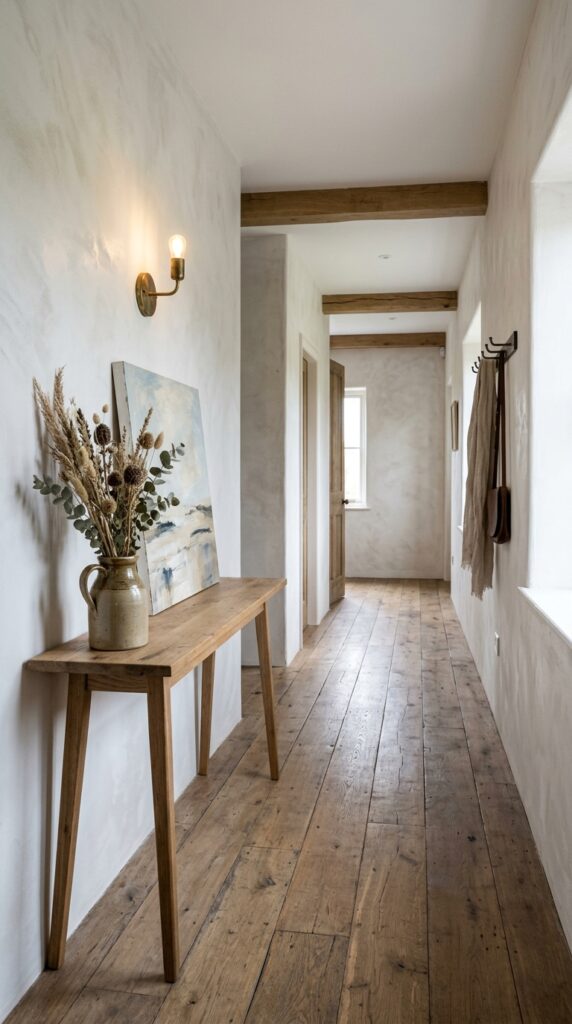 4 a wide angle photo of a rustic modern hallway at m