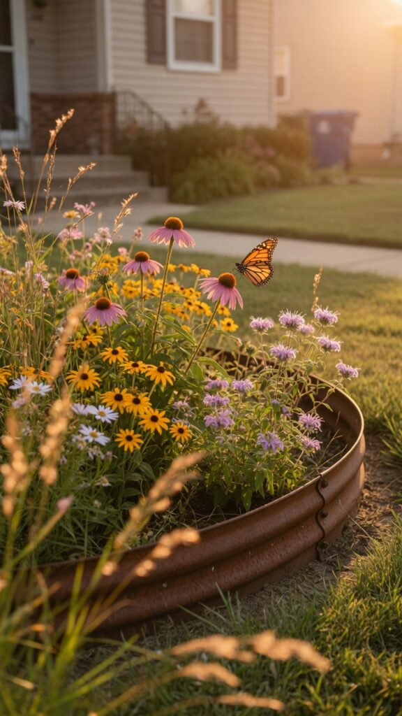 5 photorealistic golden hour photograph of a front y