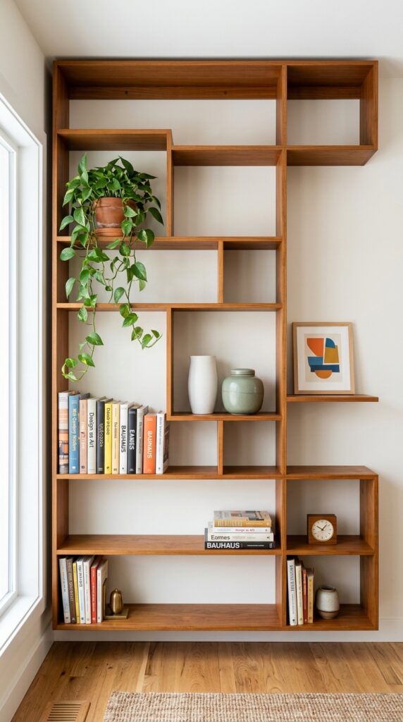 6 a living room wall with a floor to ceiling teak sh