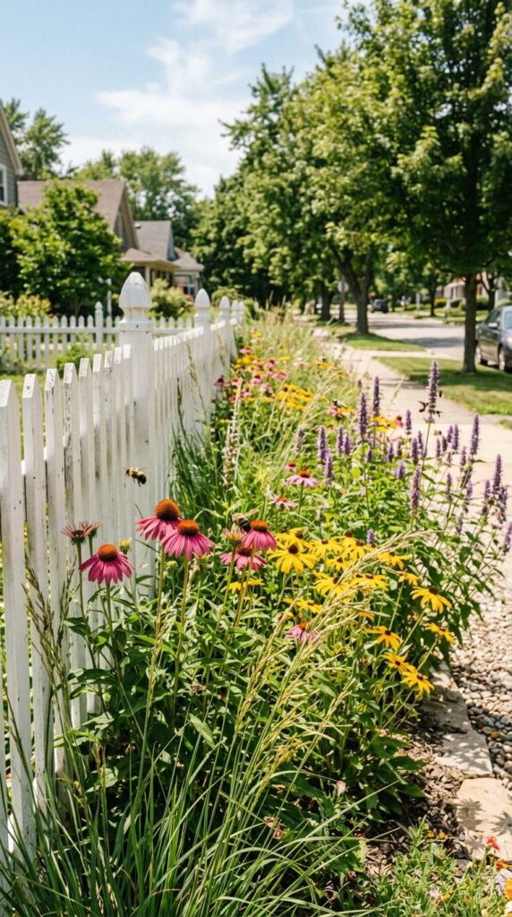 6 a narrow front flower bed planted in wild prairie 