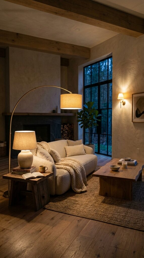 6 a wide shot of a rustic modern living room at earl