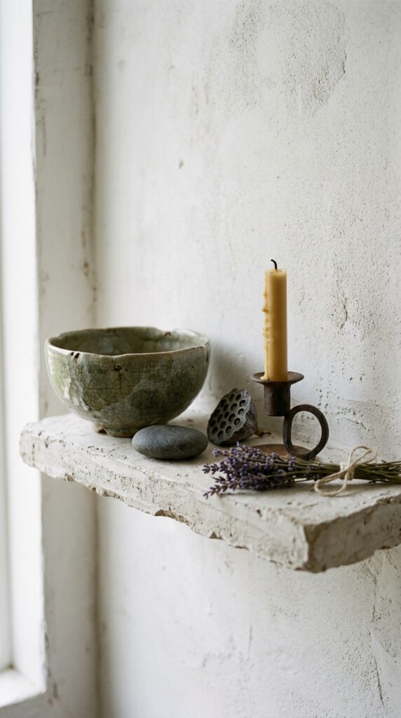 7 a serene close up of a rough edged plaster shelf m