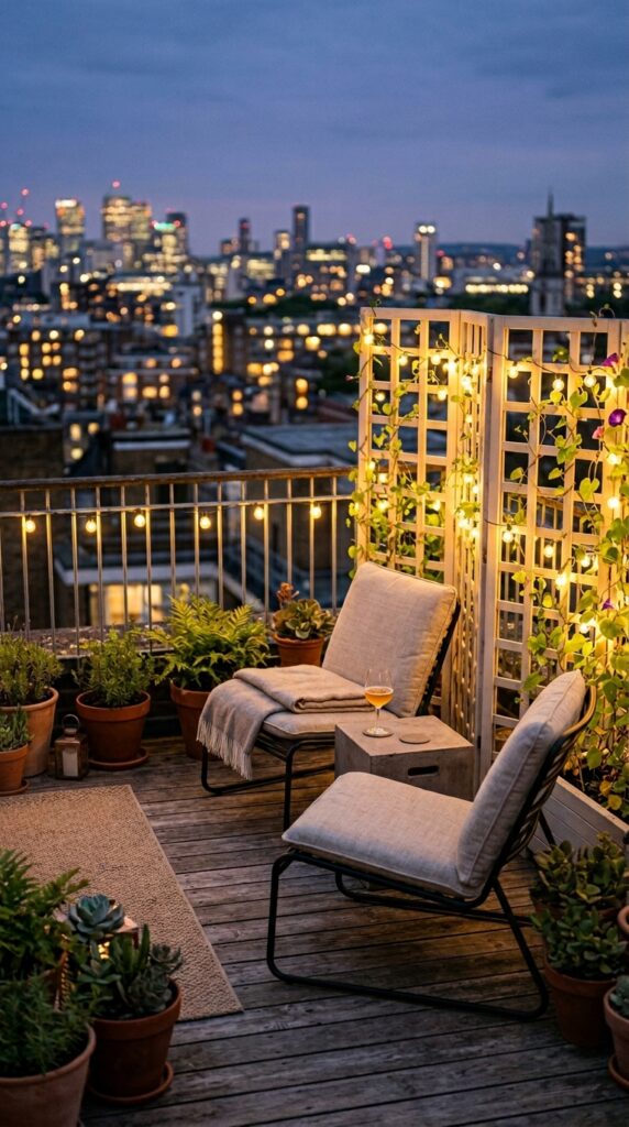 7 a wide 35mm shot of a small urban rooftop deck at 
