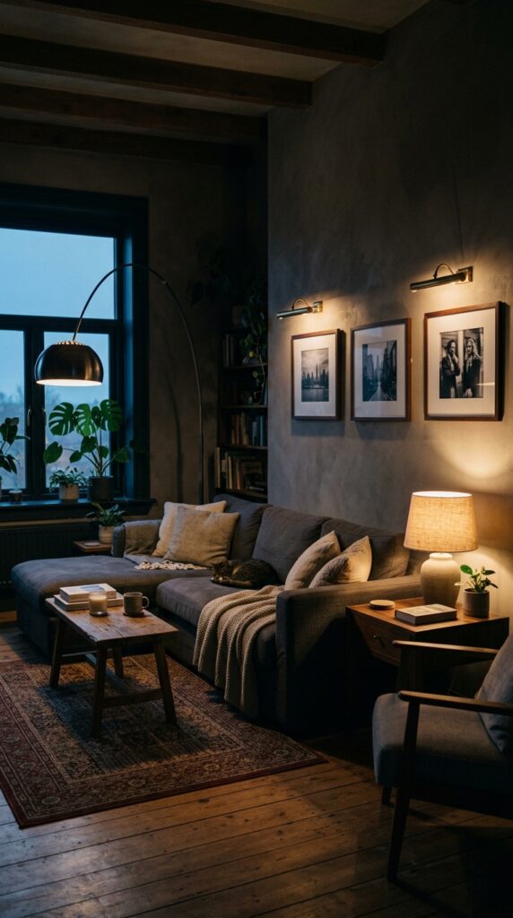 7 a wide shot of a softly lit living room at dusk sh