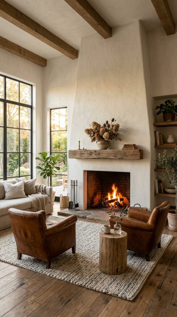 8 a wide angle photo of a rustic modern living room 