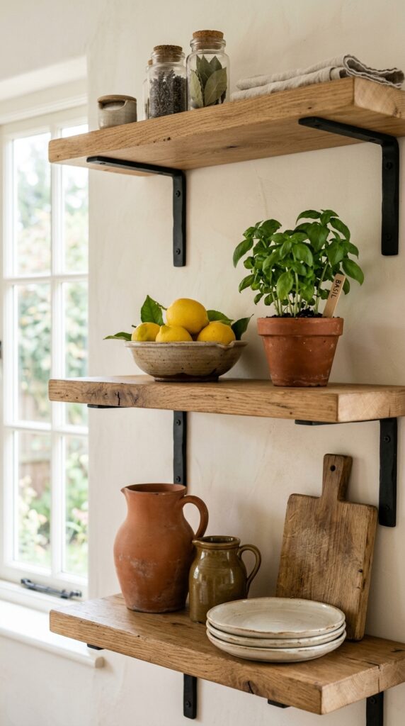 9 a close up shot of open kitchen shelves made from 