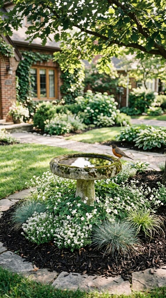 9 a lifestyle garden shot of a simple concrete birdb