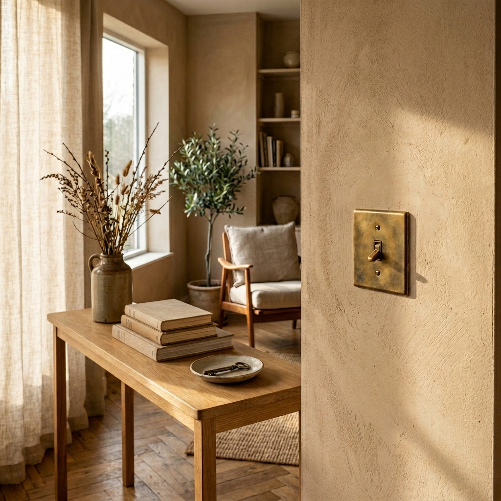 9 an interior photograph of a clean modern bathroom brass switch plate 202604260820