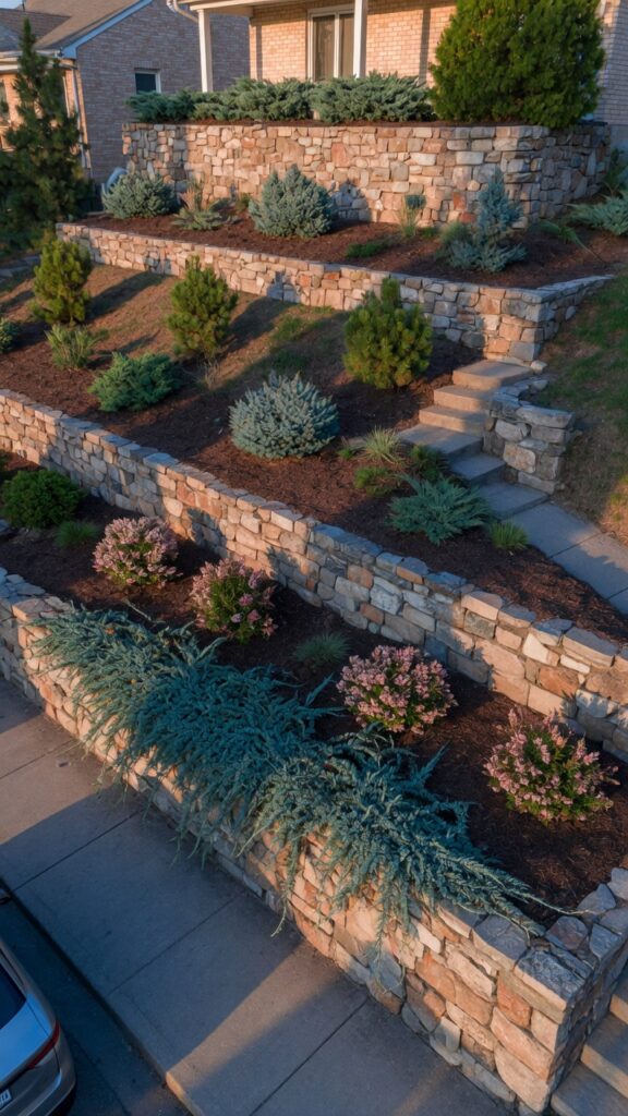 9 wide angle photograph of a sloped front yard on a 