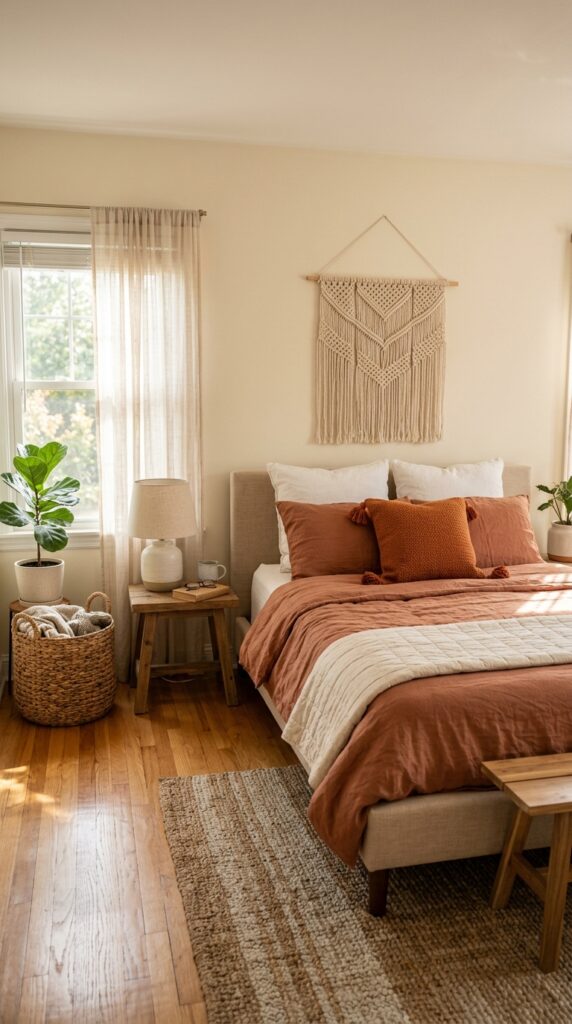 001 a bedroom with warm cream walls and honey toned oa