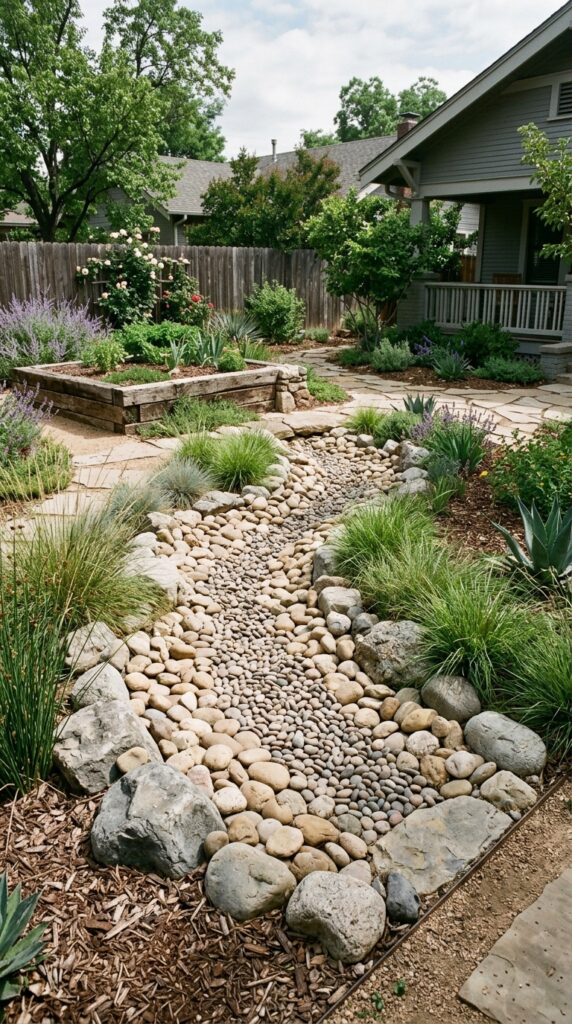 001 a winding dry creek bed in a residential backyard 