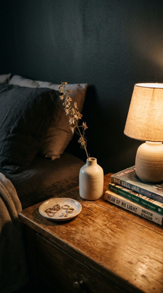 001 a wooden nightstand photographed in warm bedside l