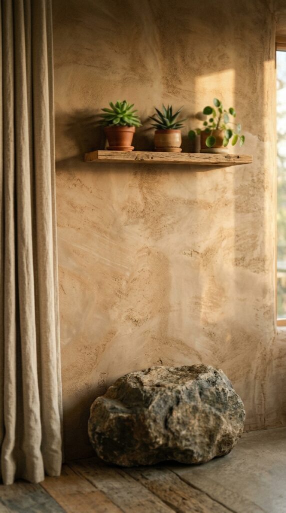 001 close up of a textured wall painted in warm carame textured wall with boulder and 202605210708