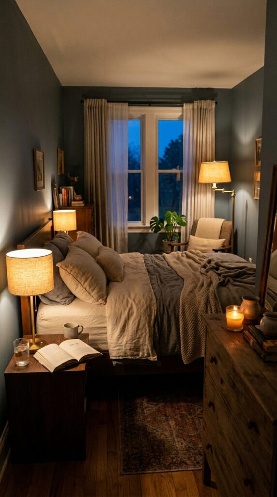 001 image prompt a bedroom at dusk with three warm lig
