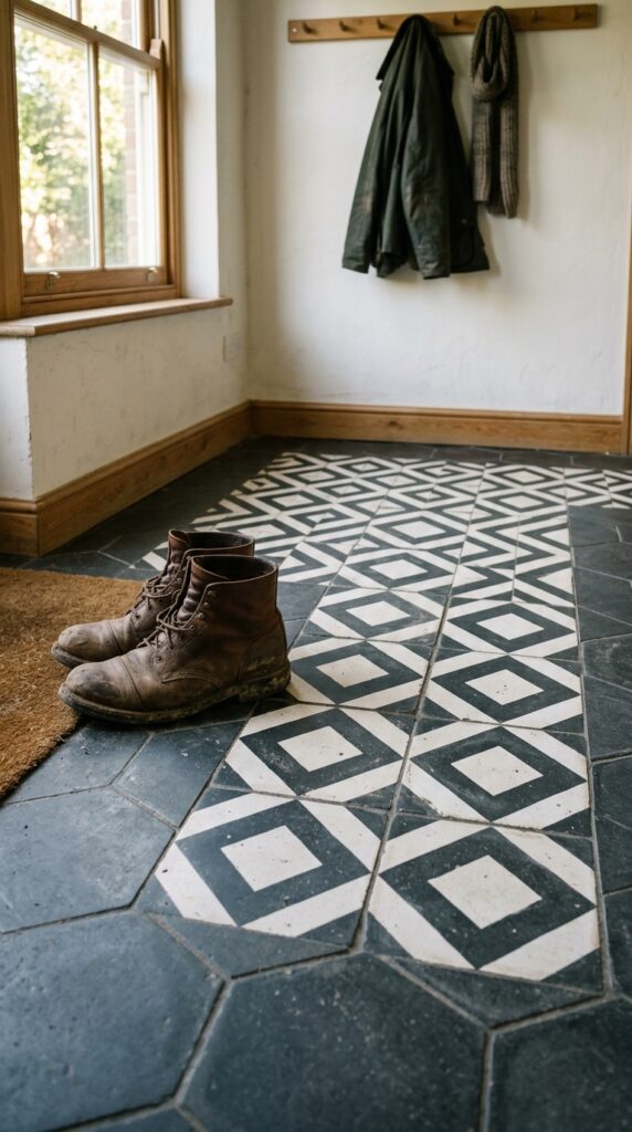001 image prompt a mudroom or small entry floor where 