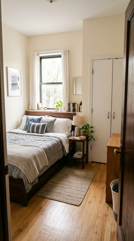 001 image prompt a small bedroom where the bed is push