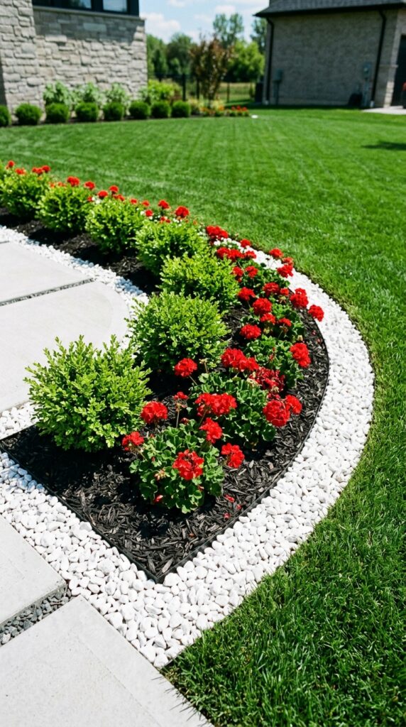 003 a bright sunlit overhead shot of a modern flower b flower bed with boxwoods geraniums 202605202125