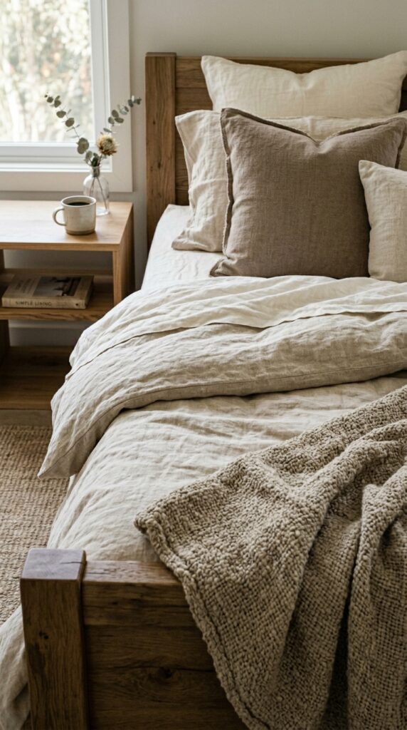 003 a close up of a bed styled with multiple linen tex