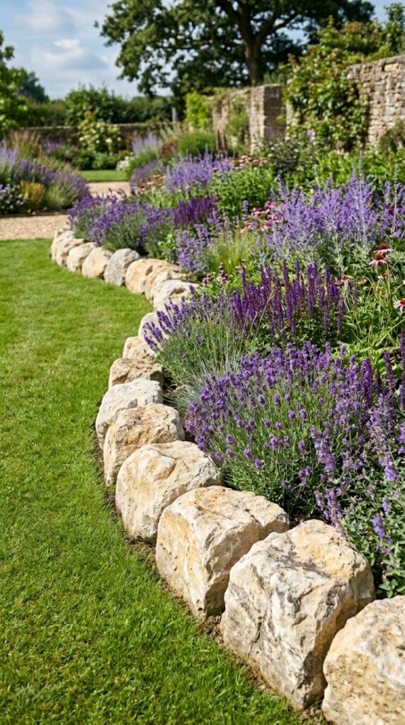 003 a curved garden border defined by a single row of garden border with limestone bou… 202605212002