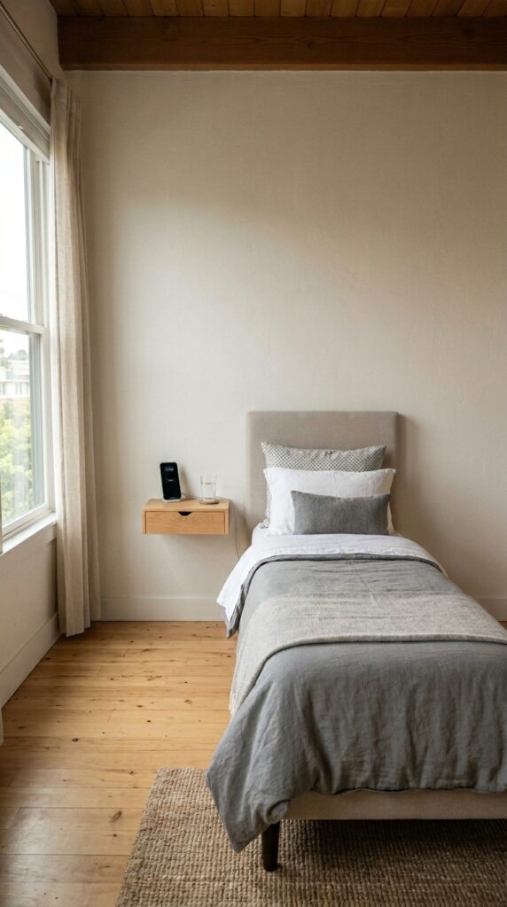 003 image prompt a bed in a small room with a nightsta