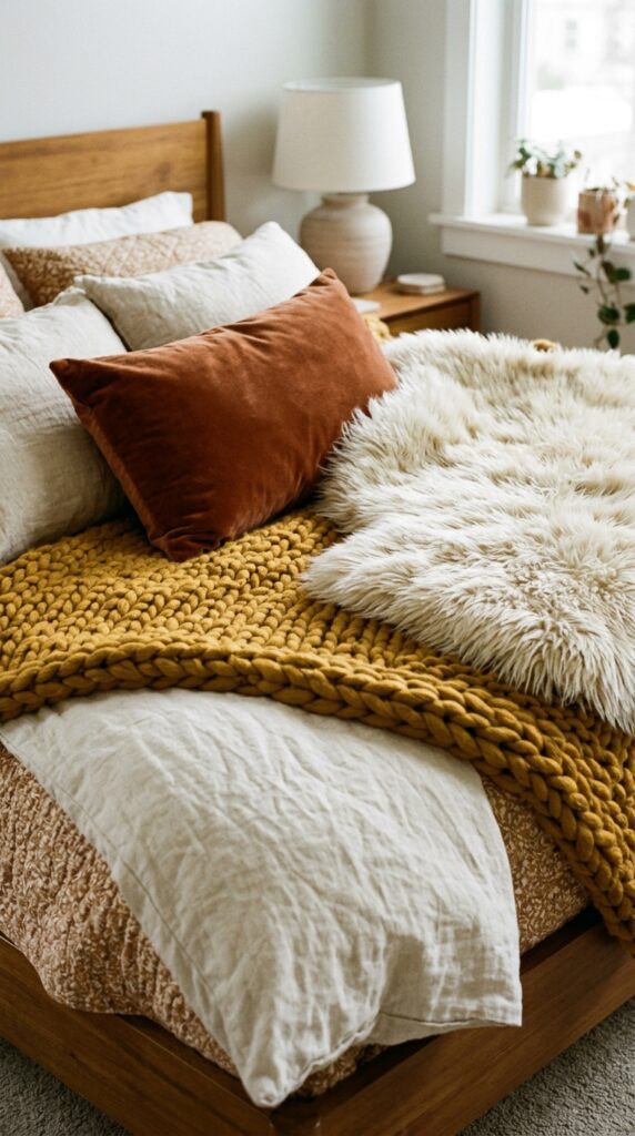 003 image prompt a bed layered with multiple textures 