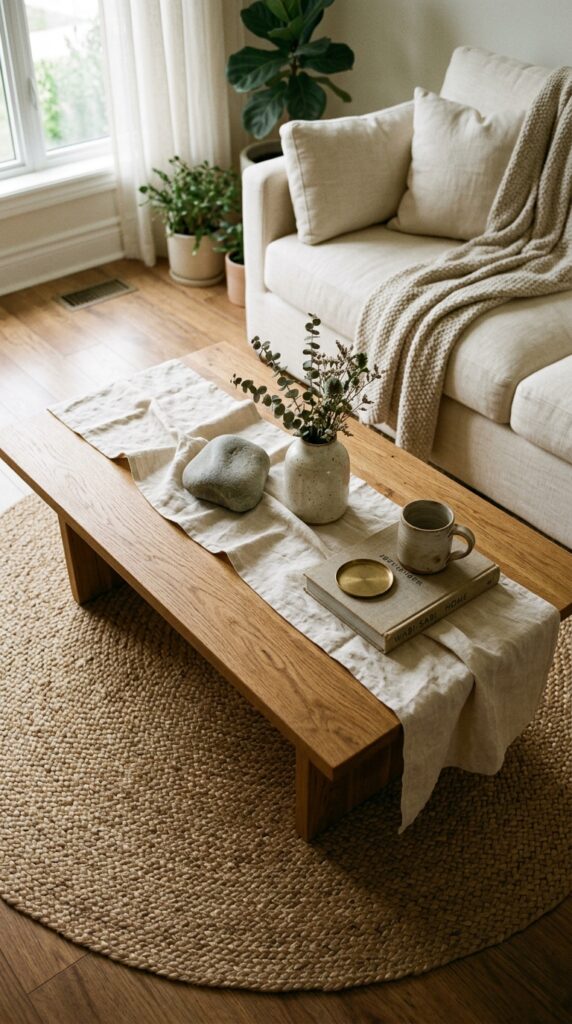 003 overhead shot of a low wooden coffee table in warm coffee table with stone runner 202605210709