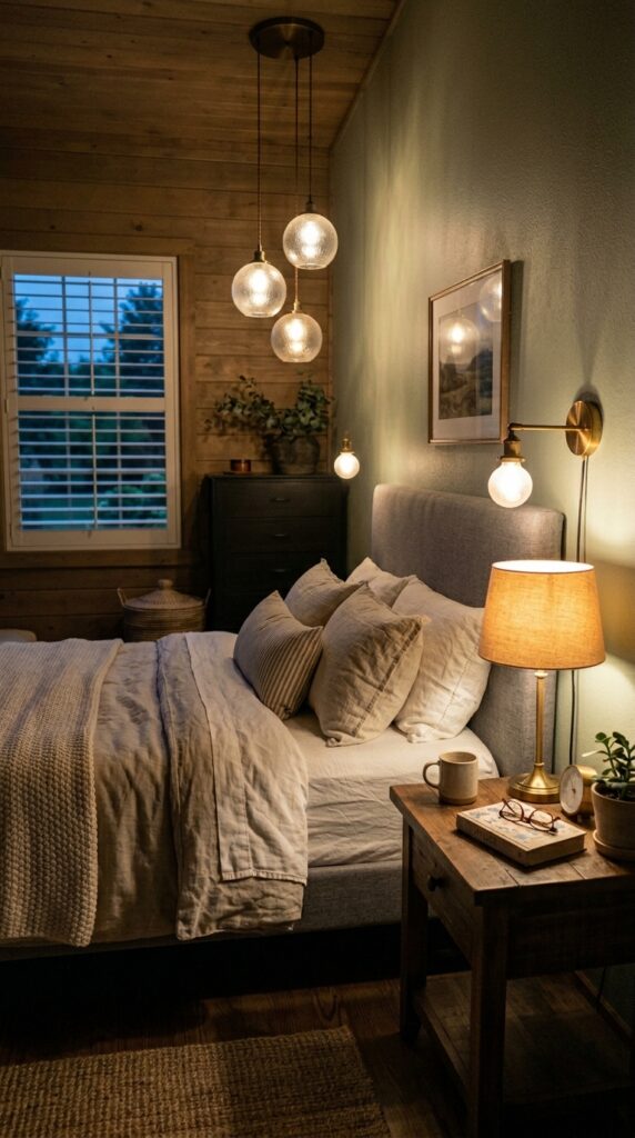 004 a bedroom corner at dusk showing three distinct li