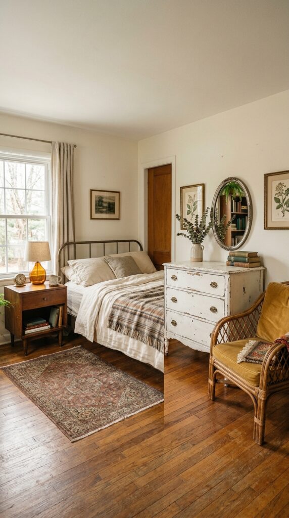 004 image prompt a bedroom with mismatched vintage fur