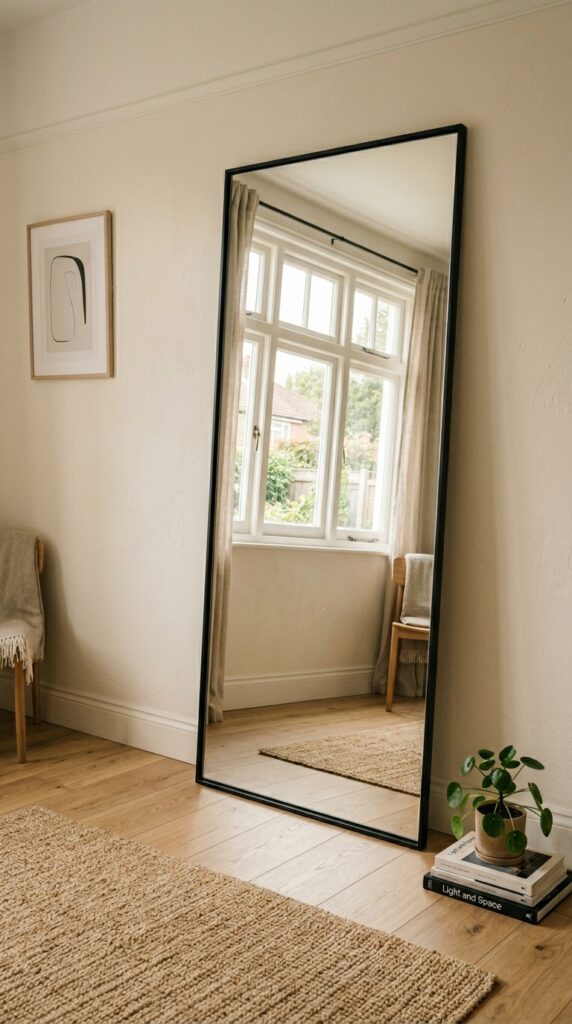 004 image prompt a floor mirror leaning against a bedr