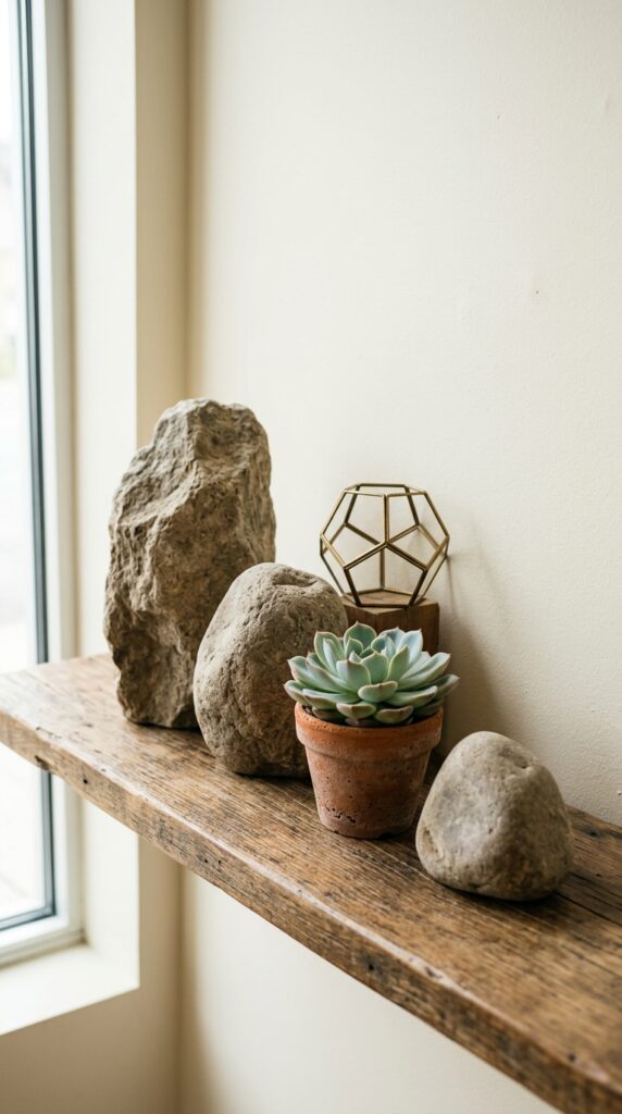 004 styled vignette on a wooden shelf three rocks of v rocks and succulent on shelf 202605210710