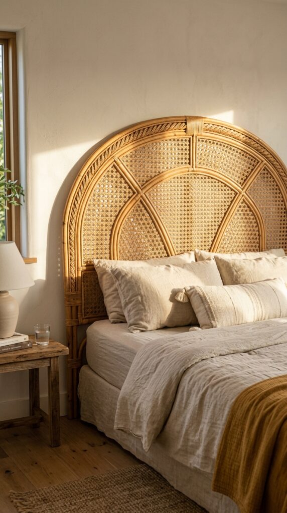 005 a bedroom wall with a dramatic woven rattan headbo