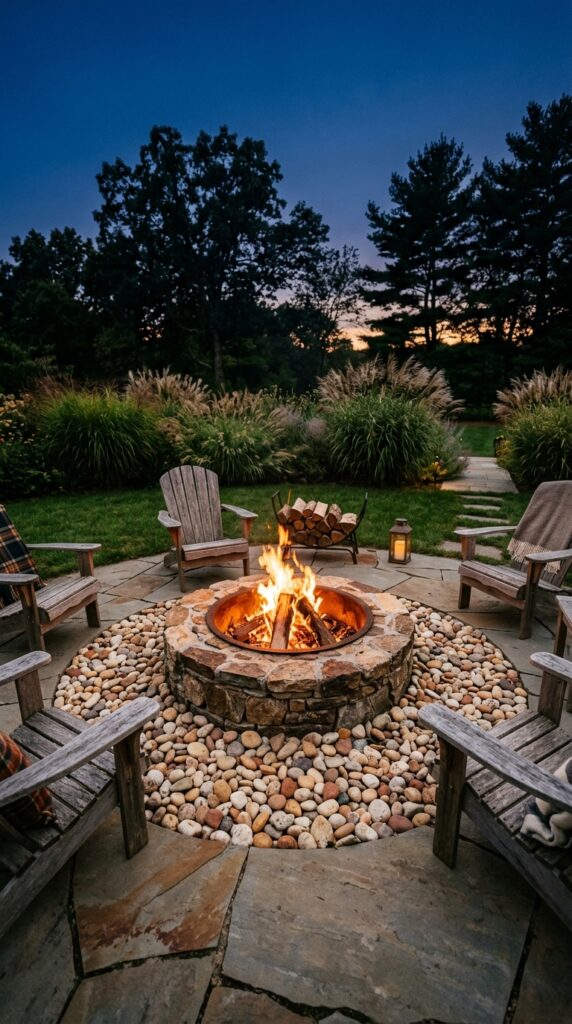 005 a circular backyard fire pit surrounded by a wide fire pit with chairs at 202605200740