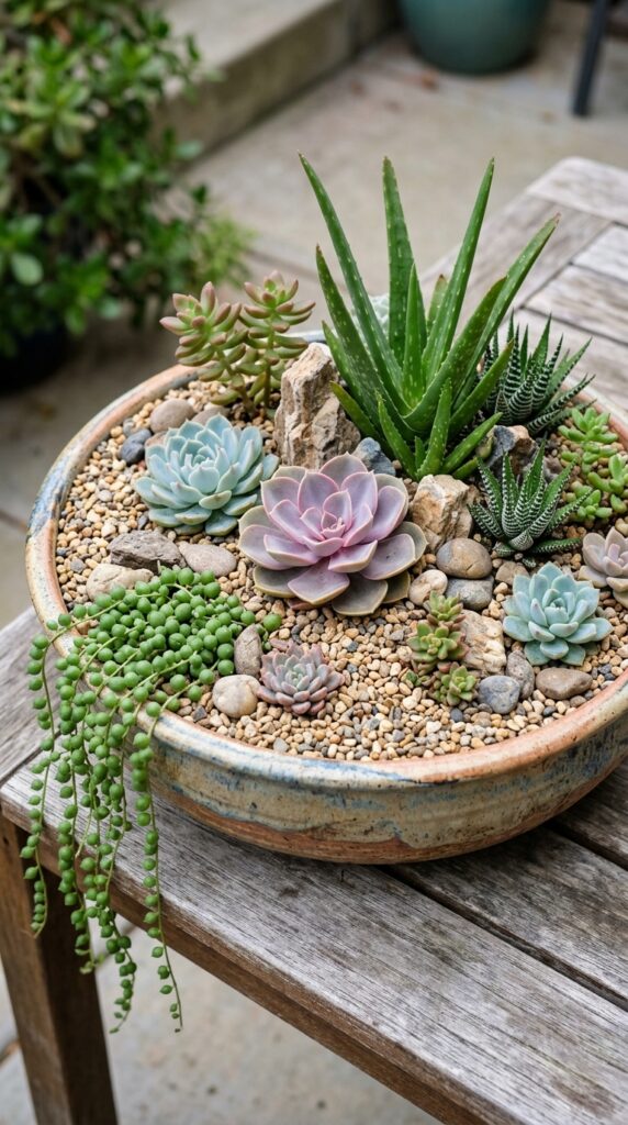 005 a potted arrangement featuring succulents and xero succulents in ceramic planter 202605210711