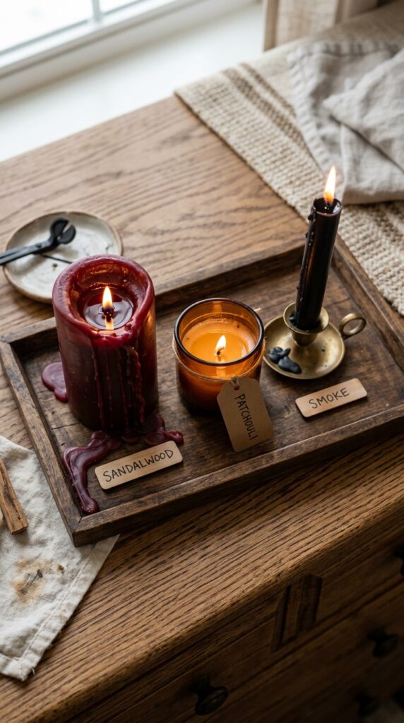 005 image prompt a cluster of three candles on a dark 